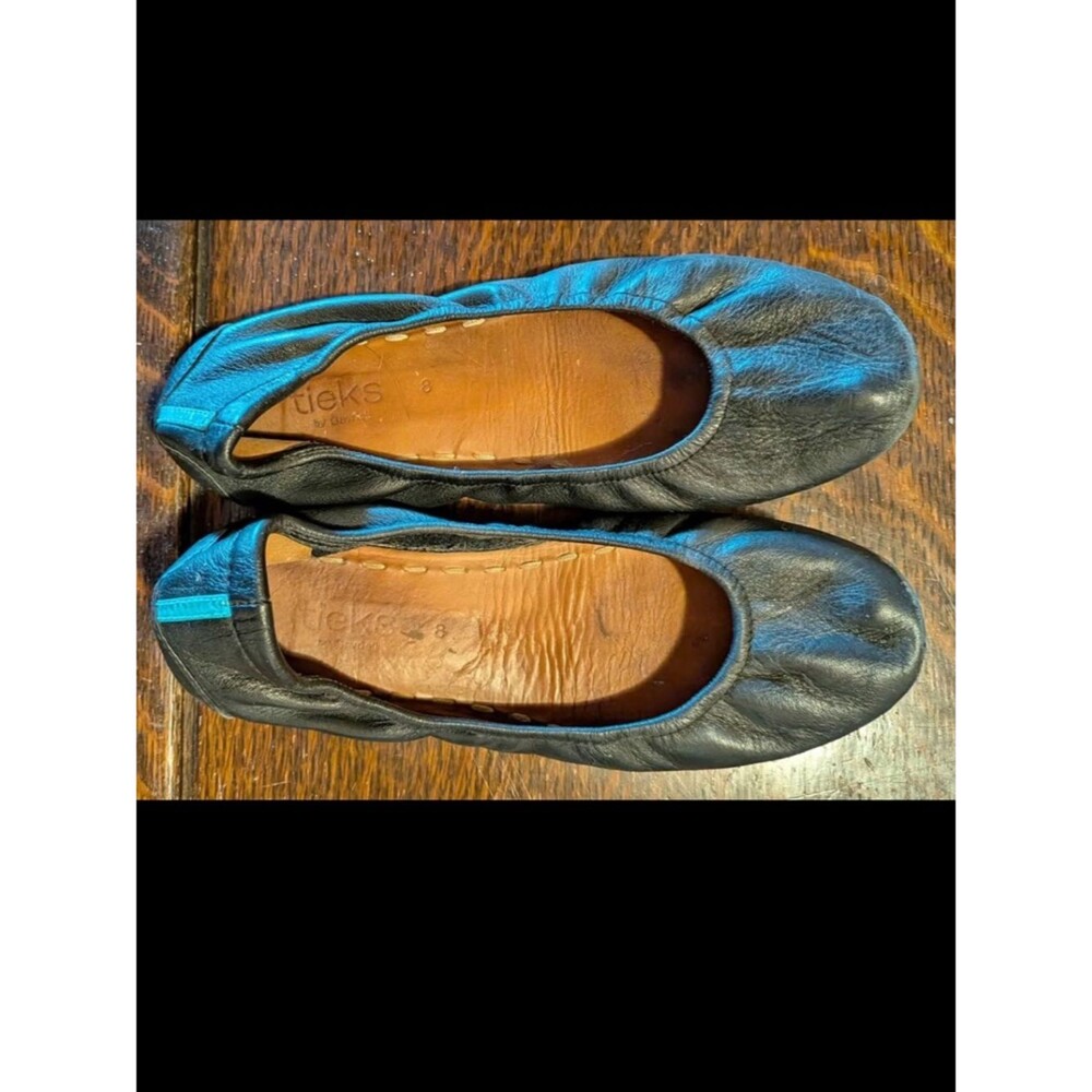 Tieks Black Leather Ballet Flats with Blue Trim